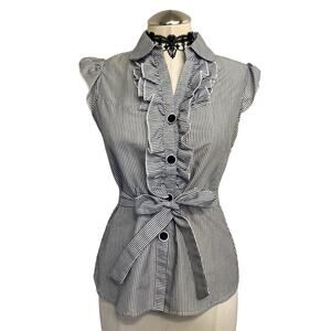 Y2K Ruffle Tie Button Down Pin Stripe Office Grunge Corp Goth Blouse Sz M- Read